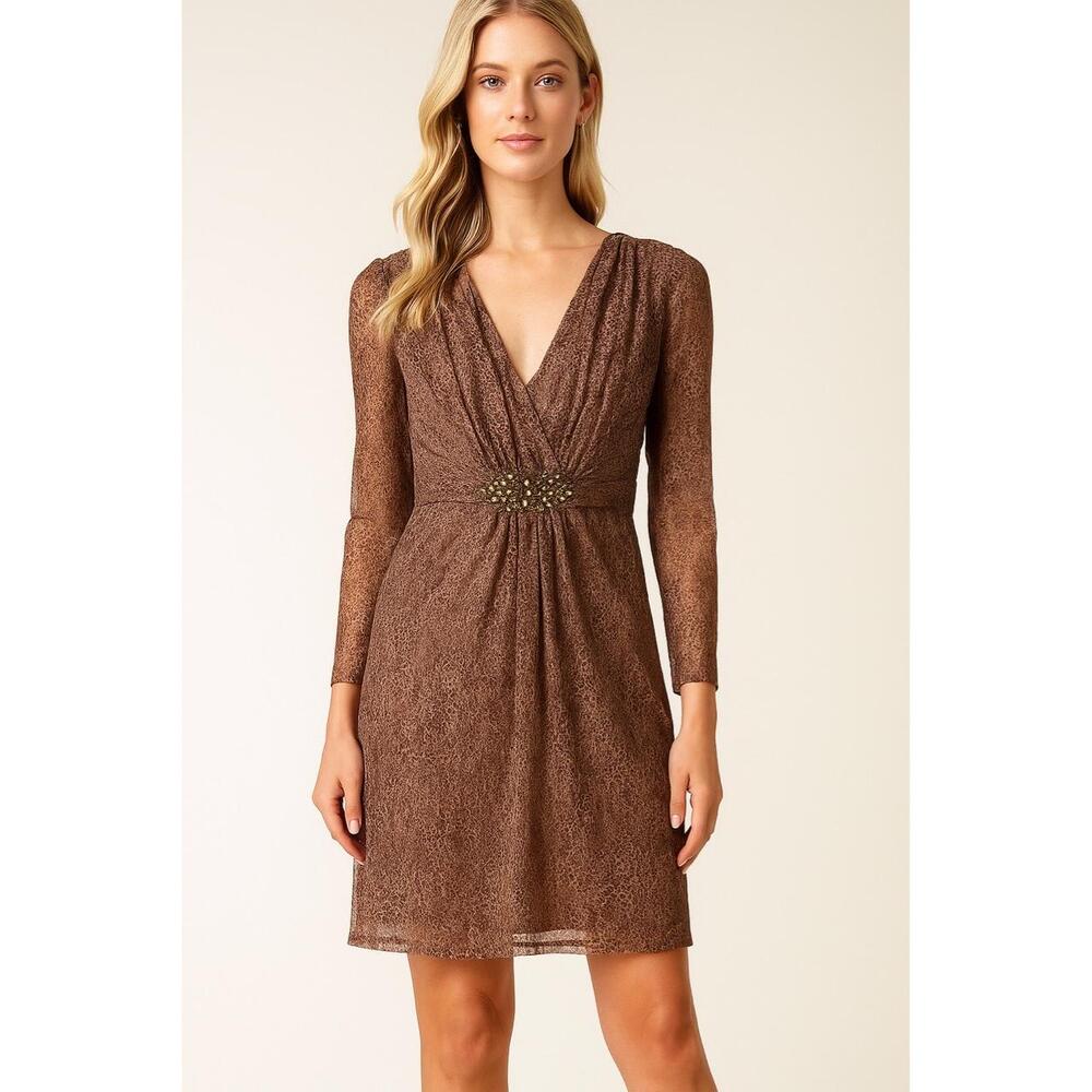 David Meister Dress Size 10 Leopard Lace Midi Long Sleeve V Neck Cocktail